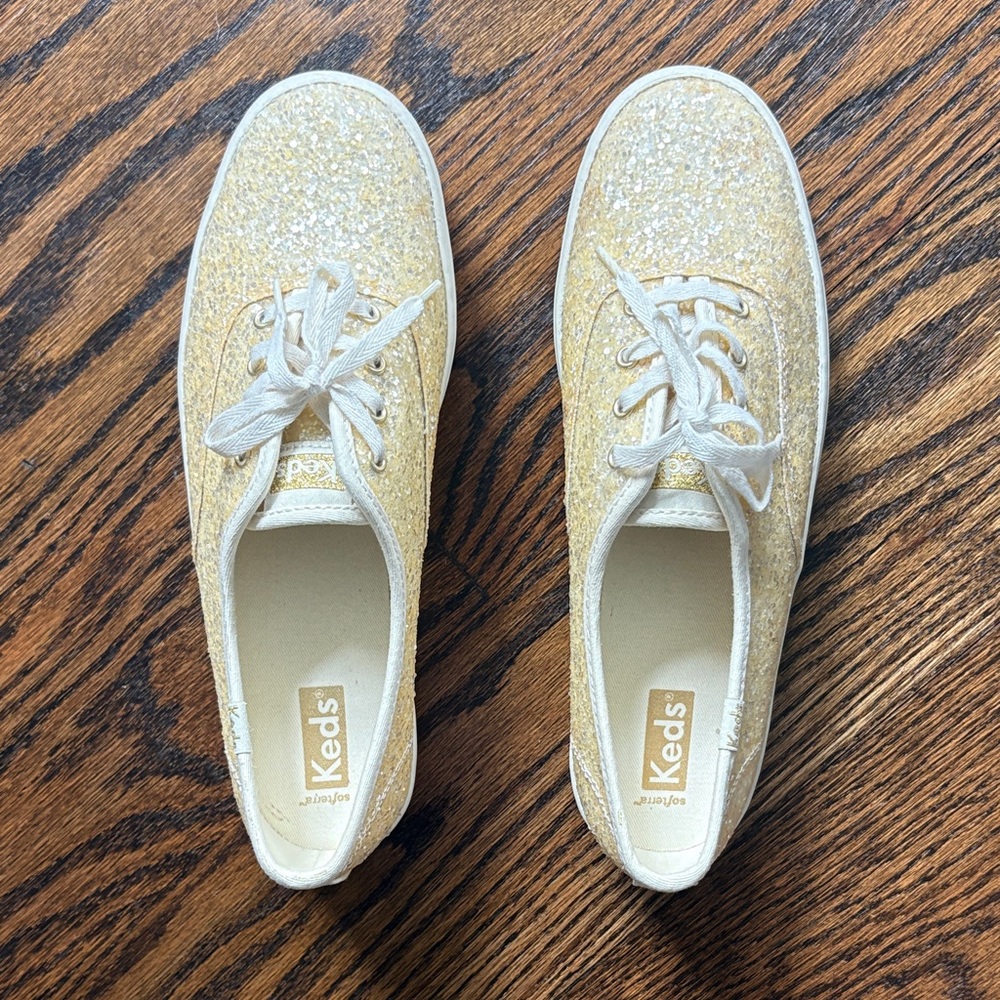 Keds Women's Glitter Lace-Up Sneakers in Gold and Cream